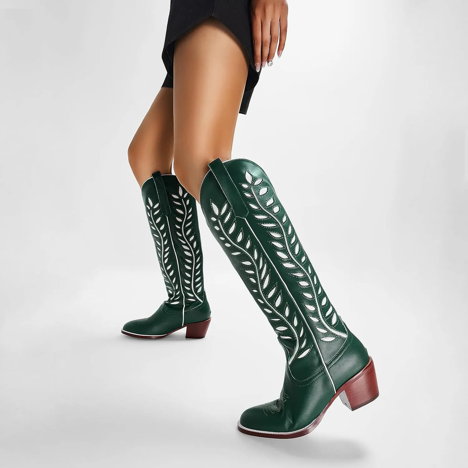Yishaweiqi Embroidered Cowboy Boots for Women Almond Round Toe Chunky Heel Cowgirl Boots Pull On Knee High Western Boots with Contrast Foliage Inlay
