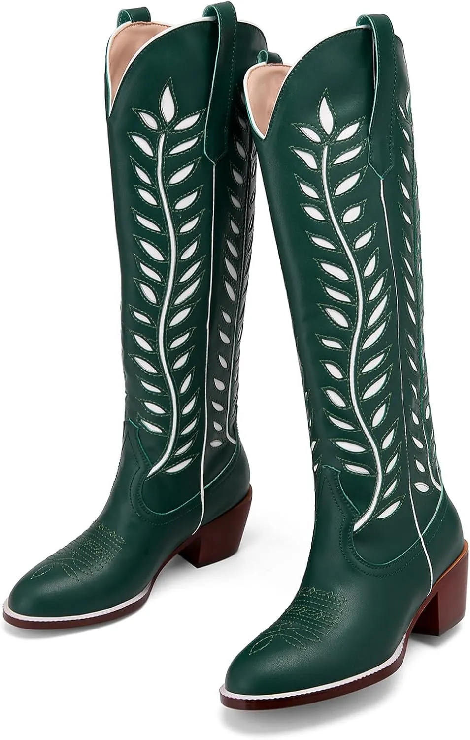 Yishaweiqi Embroidered Cowboy Boots for Women Almond Round Toe Chunky Heel Cowgirl Boots Pull On Knee High Western Boots with Contrast Foliage Inlay