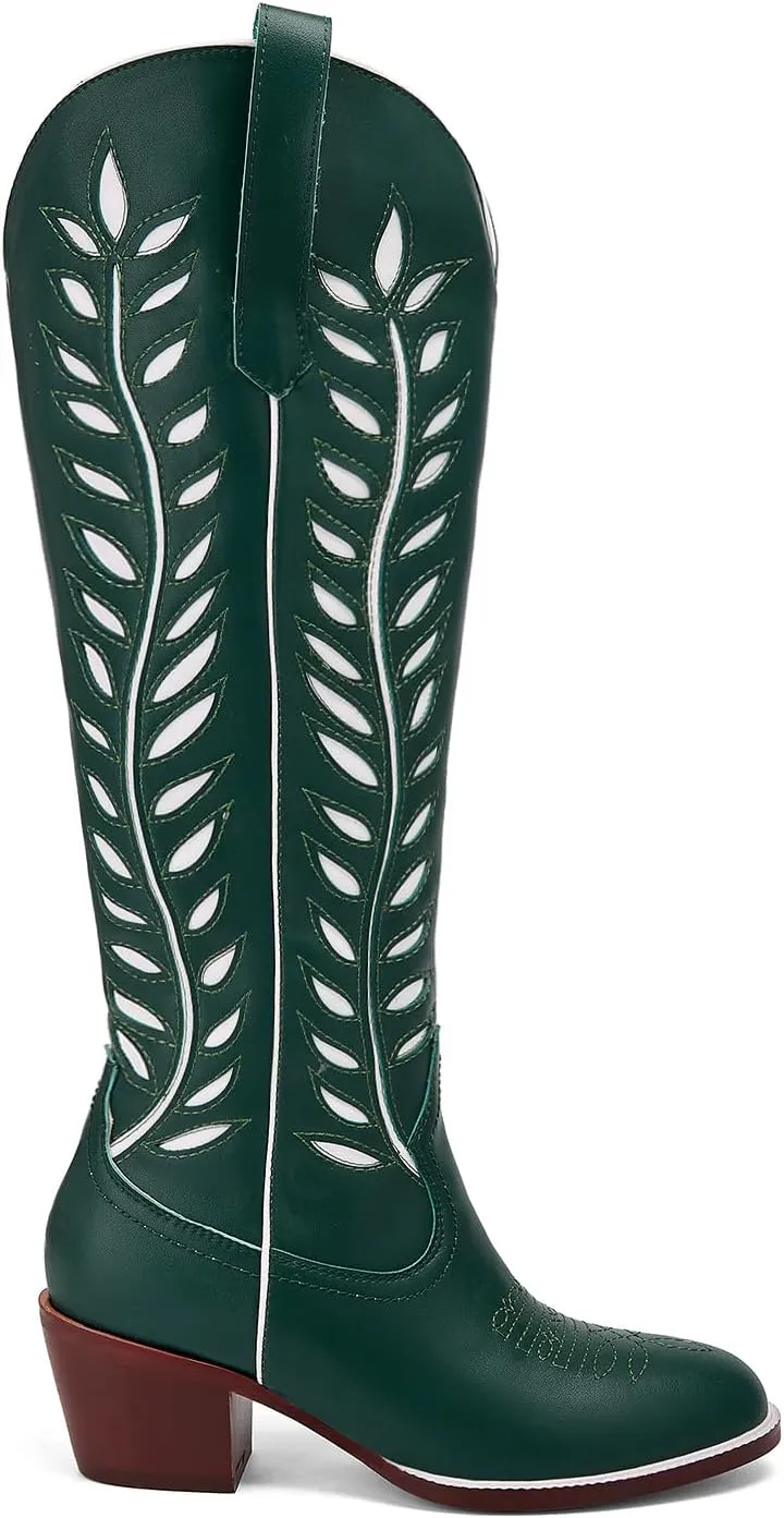 Yishaweiqi Embroidered Cowboy Boots for Women Almond Round Toe Chunky Heel Cowgirl Boots Pull On Knee High Western Boots with Contrast Foliage Inlay
