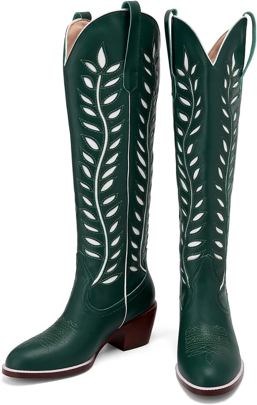 Yishaweiqi Embroidered Cowboy Boots for Women Almond Round Toe Chunky Heel Cowgirl Boots Pull On Knee High Western Boots with Contrast Foliage Inlay
