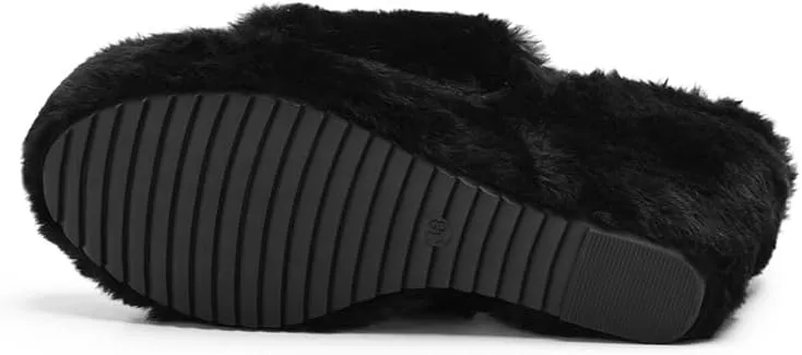 YSMIIH Women Fluff Wedge Slippers Fashion Sandals Plush Platform