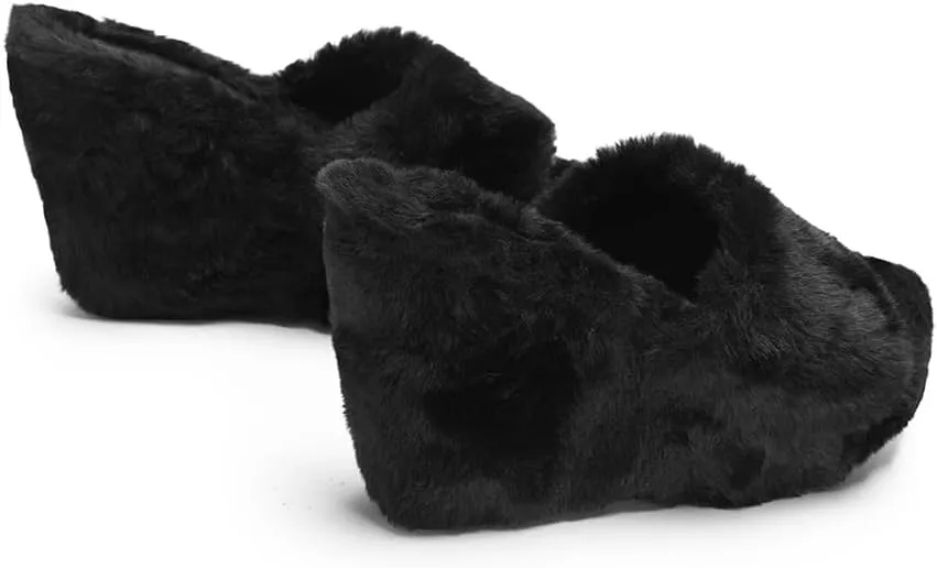 YSMIIH Women Fluff Wedge Slippers Fashion Sandals Plush Platform