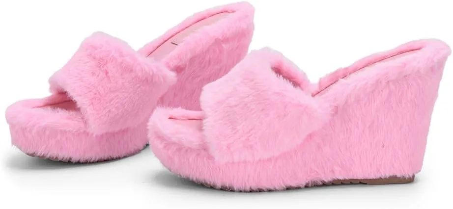YSMIIH Women Fluff Wedge Slippers Fashion Sandals Plush Platform