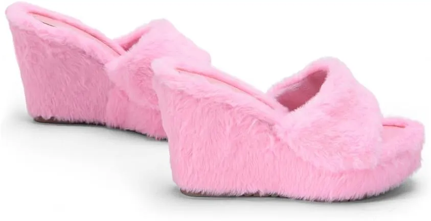 YSMIIH Women Fluff Wedge Slippers Fashion Sandals Plush Platform