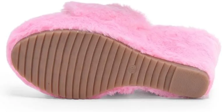 YSMIIH Women Fluff Wedge Slippers Fashion Sandals Plush Platform