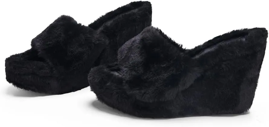 YSMIIH Women Fluff Wedge Slippers Fashion Sandals Plush Platform