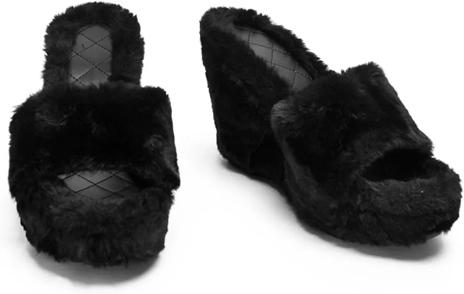 YSMIIH Women Fluff Wedge Slippers Fashion Sandals Plush Platform