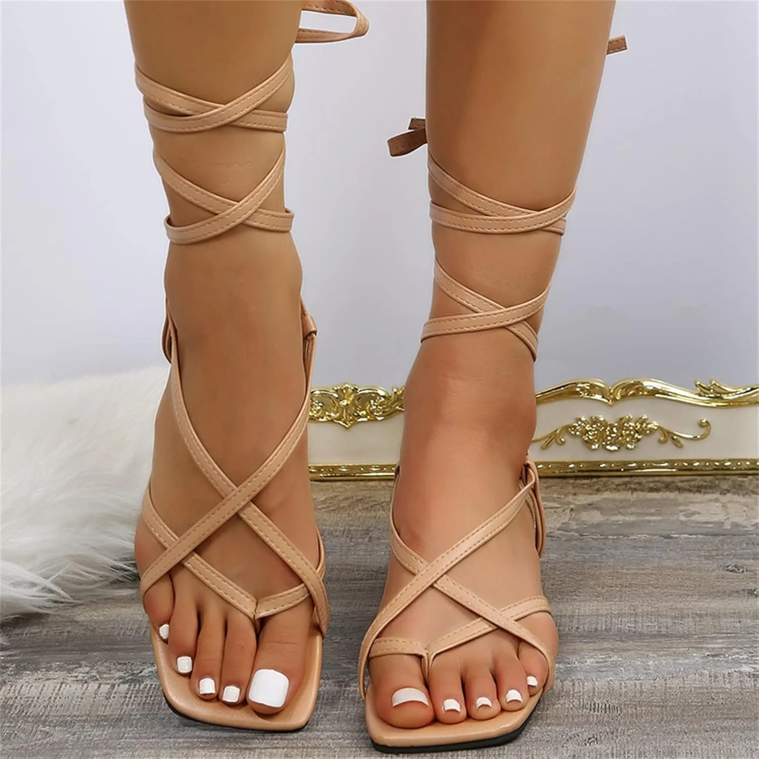 ZBYY Women's Lace-up Sandals Strappy Slingback CrissCross Casual Low Heeled Flip Flops Summer Gladiator Beach Sandals