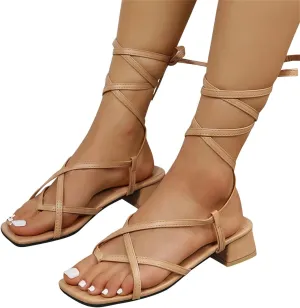 ZBYY Women's Lace-up Sandals Strappy Slingback CrissCross Casual Low Heeled Flip Flops Summer Gladiator Beach Sandals