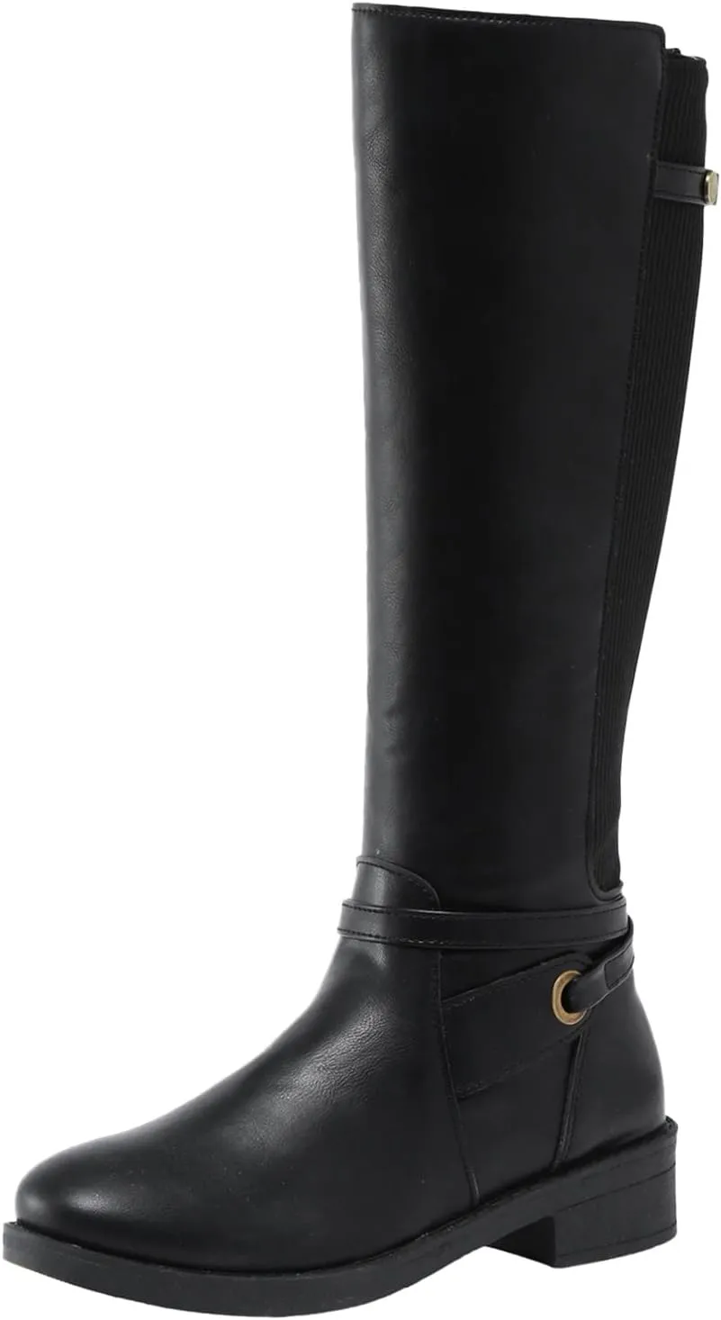 ZBYY Women's Mid Calf Knee High Boots Side Zipper Buckled Straps Round Toe Cowboy Boots Chunky Block Platform Heels Anti-Slip Riding Booties