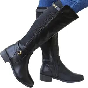 ZBYY Women's Mid Calf Knee High Boots Side Zipper Buckled Straps Round Toe Cowboy Boots Chunky Block Platform Heels Anti-Slip Riding Booties