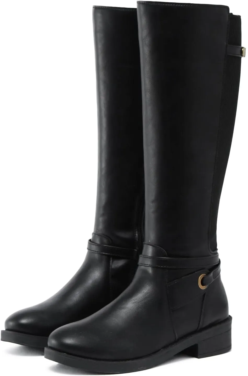 ZBYY Women's Mid Calf Knee High Boots Side Zipper Buckled Straps Round Toe Cowboy Boots Chunky Block Platform Heels Anti-Slip Riding Booties