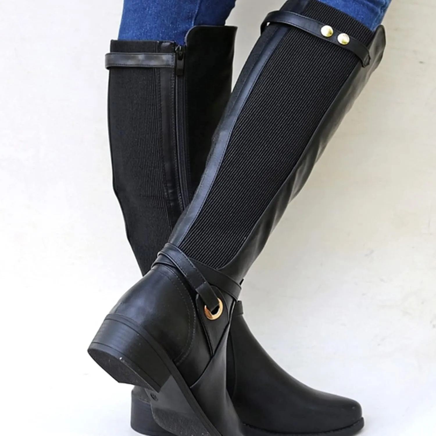 ZBYY Women's Mid Calf Knee High Boots Side Zipper Buckled Straps Round Toe Cowboy Boots Chunky Block Platform Heels Anti-Slip Riding Booties