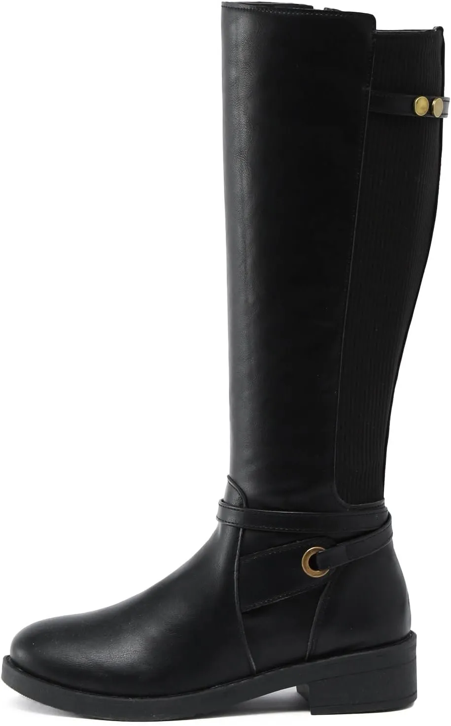 ZBYY Women's Mid Calf Knee High Boots Side Zipper Buckled Straps Round Toe Cowboy Boots Chunky Block Platform Heels Anti-Slip Riding Booties