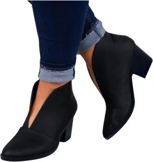 ZBYY Womens Pointed Toe Ankle Boots V Cut Back Zipper Chelsea Booties Slip On Chunky Low Heel Dressy Western Booties