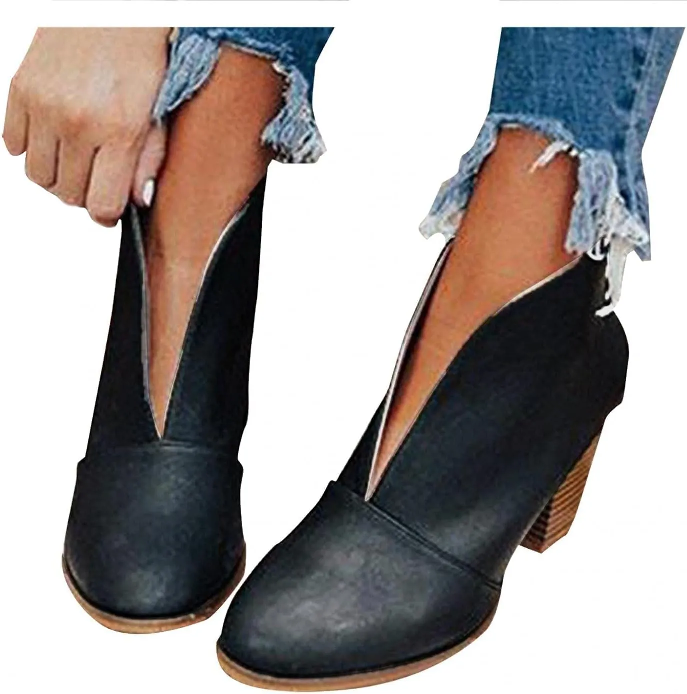 ZBYY Womens Pointed Toe Ankle Boots V Cut Back Zipper Chelsea Booties Slip On Chunky Low Heel Dressy Western Booties