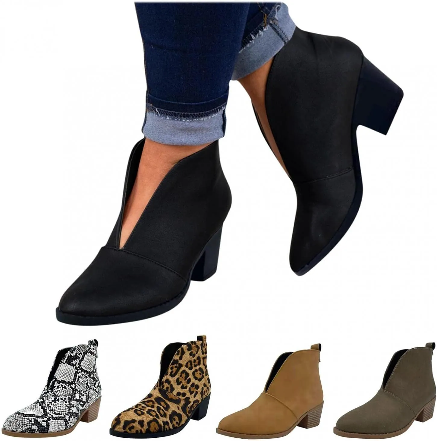 ZBYY Womens Pointed Toe Ankle Boots V Cut Back Zipper Chelsea Booties Slip On Chunky Low Heel Dressy Western Booties