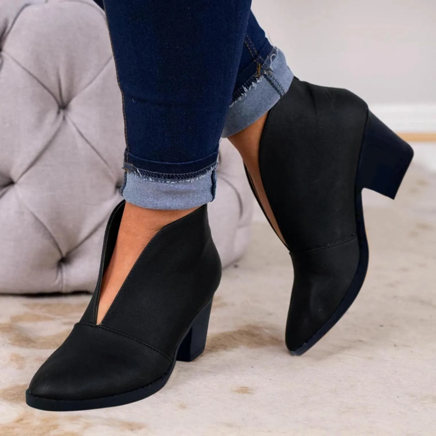 ZBYY Womens Pointed Toe Ankle Boots V Cut Back Zipper Chelsea Booties Slip On Chunky Low Heel Dressy Western Booties