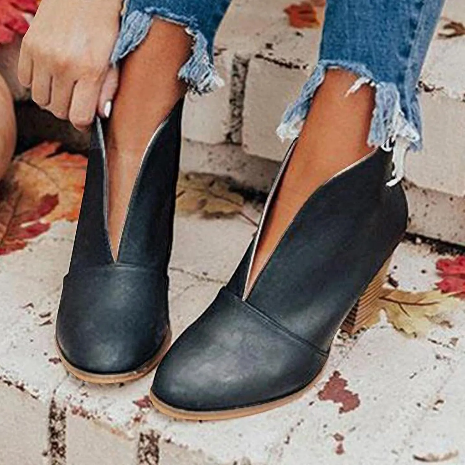 ZBYY Womens Pointed Toe Ankle Boots V Cut Back Zipper Chelsea Booties Slip On Chunky Low Heel Dressy Western Booties