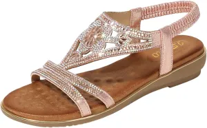 ZSpzx Women's Comfort Dressy Rhinestone Summer Beach Sandals Slip-on Flat Walking Orthopedic with Elastica Back Strap For Women T-Strap Beaded Flower Open Toe Sandal Sparkly Low Heel Dress Shoes