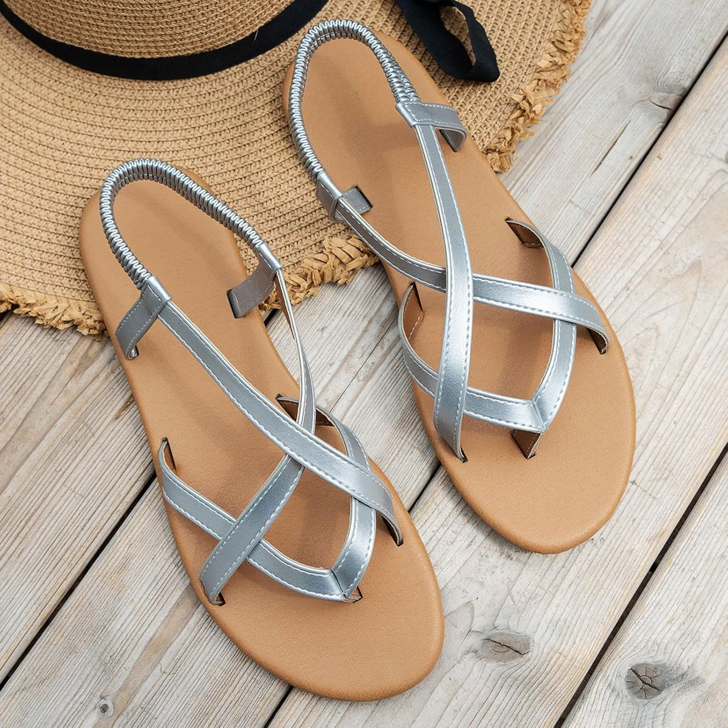 ZSpzx Women's Elastic Strap Flat Sandals Casual Summer Gladiator Open Toe Sandal Elastic Strappy Slingback Lightweight Ladies Walking Shoes Cushioned Footbed Shoe for Daily Wear Outdoor Indoor