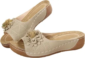 ZWRXW Orthopedic Sandals for Women,Arch Support Summer Beach Sandals,Fish Mouth Open Toe Leather Slippers,Chic Flowers Bohemian Flip Flops,Dressy Wedge Comfort Platform Sandal