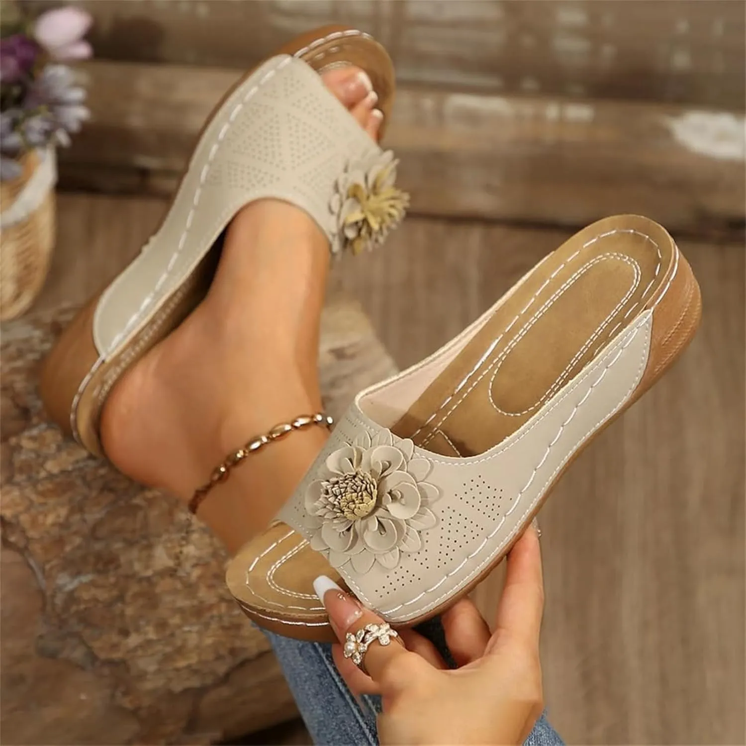 ZWRXW Orthopedic Sandals for Women,Arch Support Summer Beach Sandals,Fish Mouth Open Toe Leather Slippers,Chic Flowers Bohemian Flip Flops,Dressy Wedge Comfort Platform Sandal