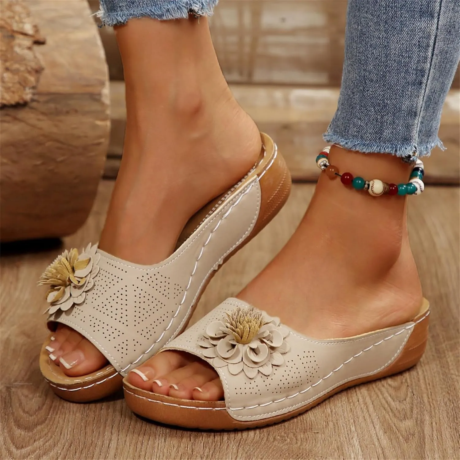 ZWRXW Orthopedic Sandals for Women,Arch Support Summer Beach Sandals,Fish Mouth Open Toe Leather Slippers,Chic Flowers Bohemian Flip Flops,Dressy Wedge Comfort Platform Sandal