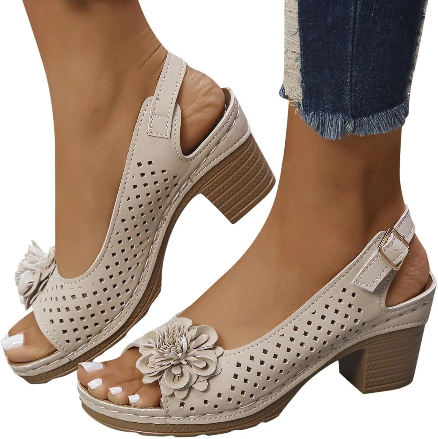 ZWRXW Wedge Sandals for Women Peep Toe Hollow Out Slingback Platform Wedge Sandals Bohemian Chic Flowers Dressy Summer Sandal Open Toe Ankle Strap Chunky Heel Shoes for Travel Vacation Beach Party