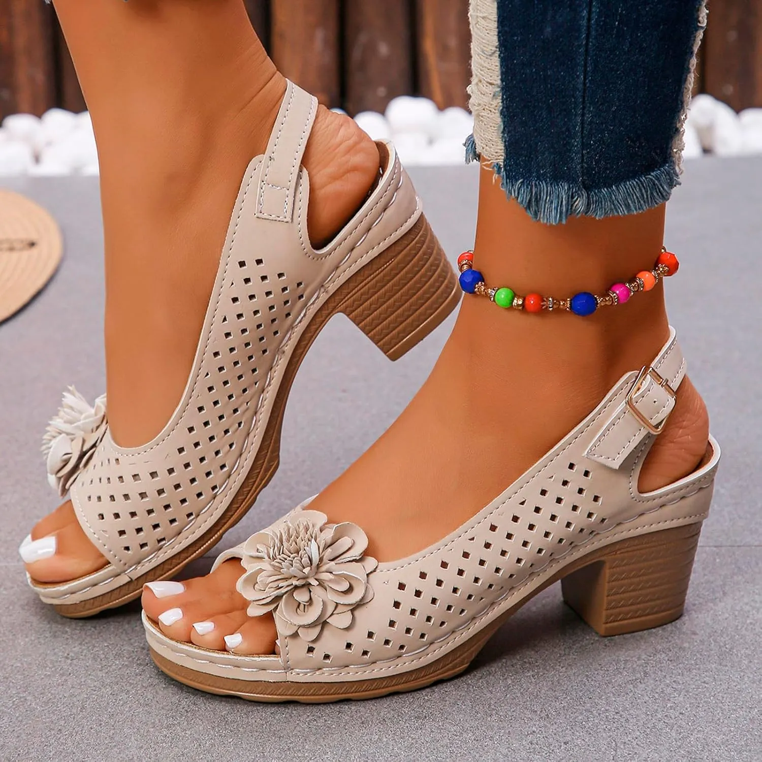 ZWRXW Wedge Sandals for Women Peep Toe Hollow Out Slingback Platform Wedge Sandals Bohemian Chic Flowers Dressy Summer Sandal Open Toe Ankle Strap Chunky Heel Shoes for Travel Vacation Beach Party