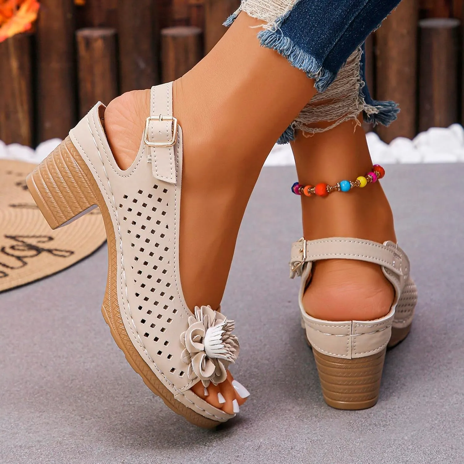 ZWRXW Wedge Sandals for Women Peep Toe Hollow Out Slingback Platform Wedge Sandals Bohemian Chic Flowers Dressy Summer Sandal Open Toe Ankle Strap Chunky Heel Shoes for Travel Vacation Beach Party