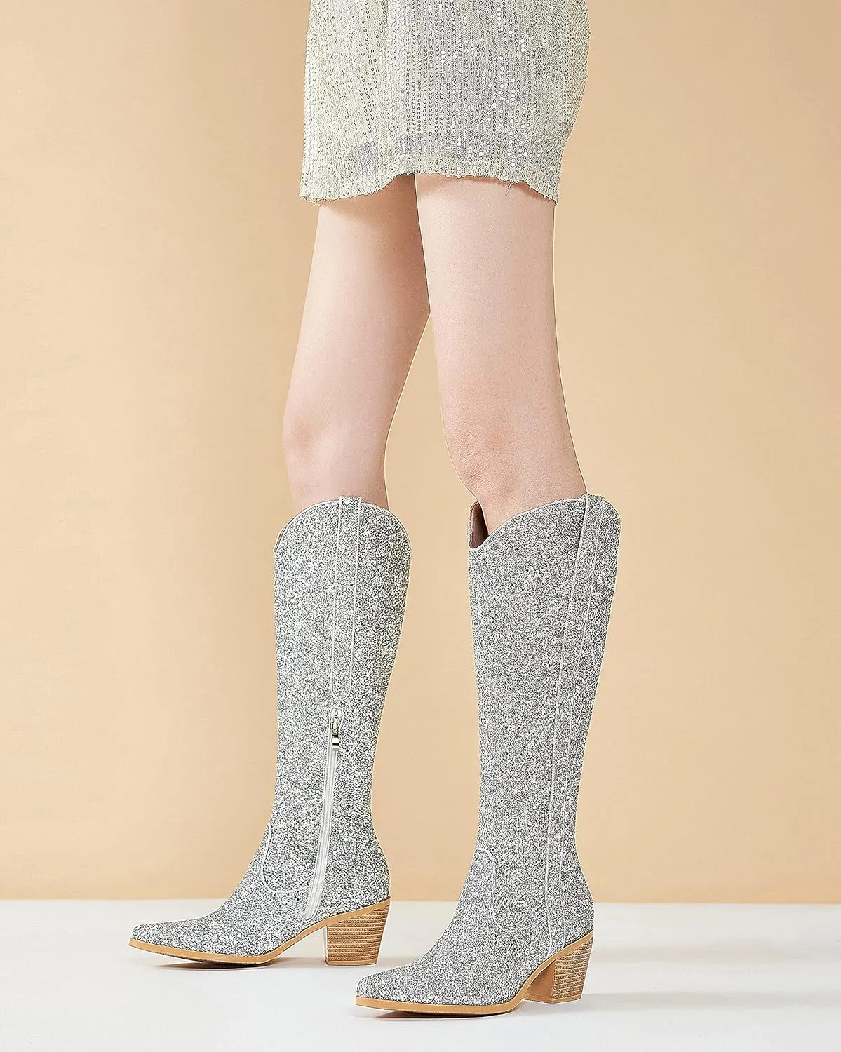 ZXHYZLZ Cowboy Boots For Women 2-Inch Low Heel Comfortable Tall Knee High Western Cowgirl Boots Pointed Toe Botas Vaqueras Para Mujer Classic Embroidered Chunky Heel