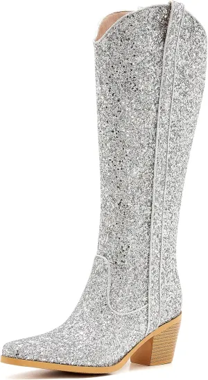 ZXHYZLZ Cowboy Boots For Women 2-Inch Low Heel Comfortable Tall Knee High Western Cowgirl Boots Pointed Toe Botas Vaqueras Para Mujer Classic Embroidered Chunky Heel
