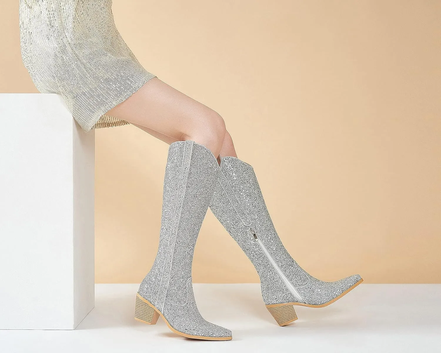ZXHYZLZ Cowboy Boots For Women 2-Inch Low Heel Comfortable Tall Knee High Western Cowgirl Boots Pointed Toe Botas Vaqueras Para Mujer Classic Embroidered Chunky Heel